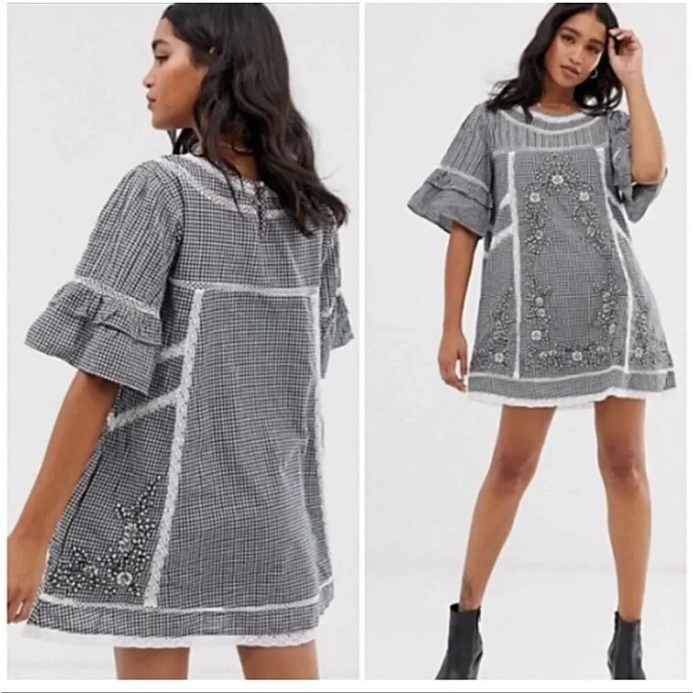 Free People XS Black White Gingham Lace Embroidered Babydoll Dress NWT